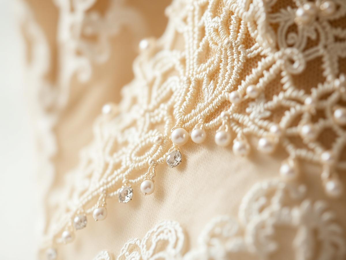 MOKO atelier hand-beading pearls and crystals onto ivory lace