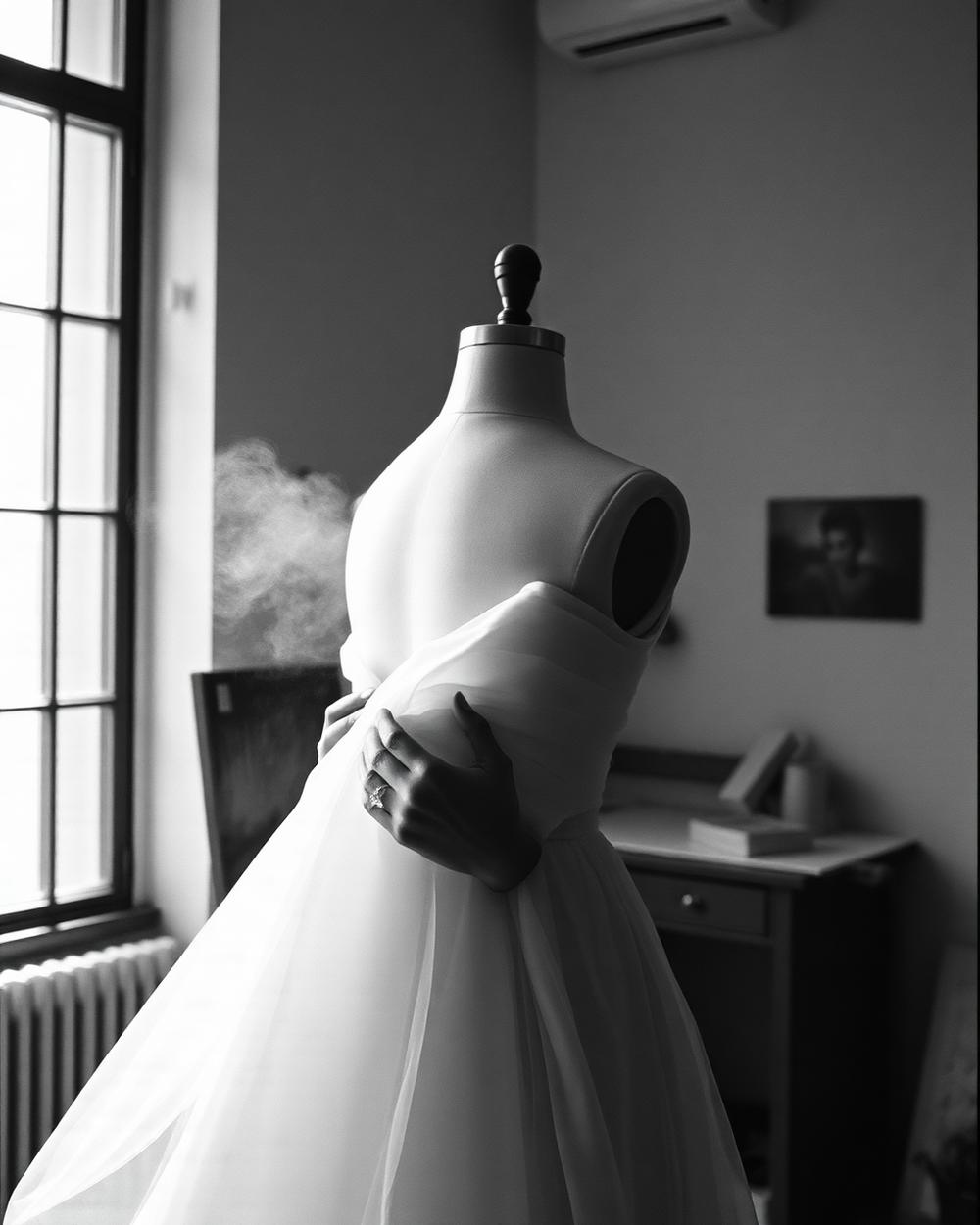 A sculptural white garment taking form inside the MOKO atelier