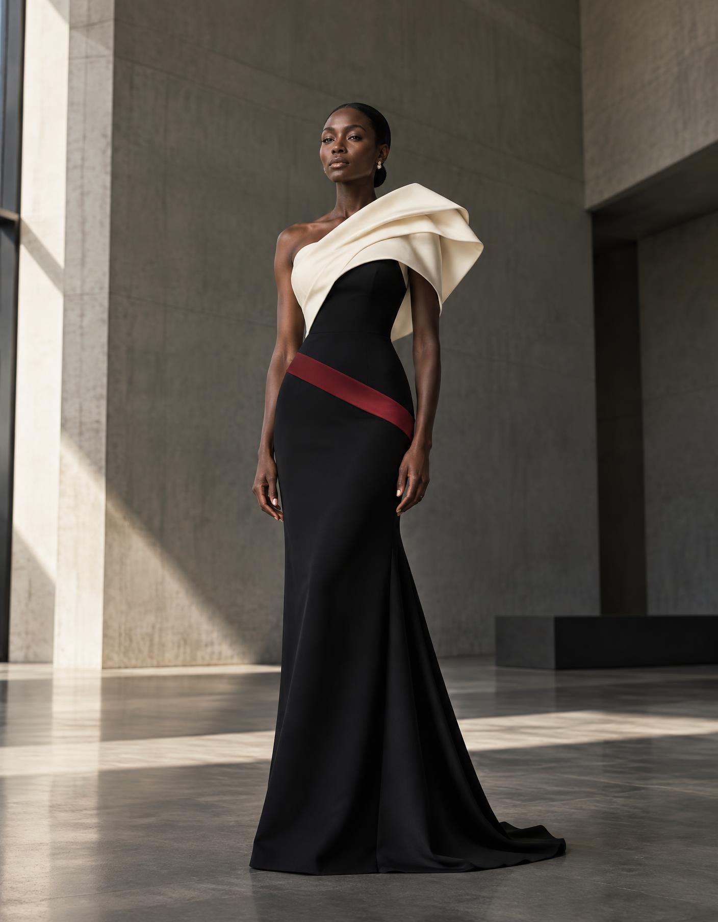 MOKO woman in a sculptural black and ivory gown with the signature red band