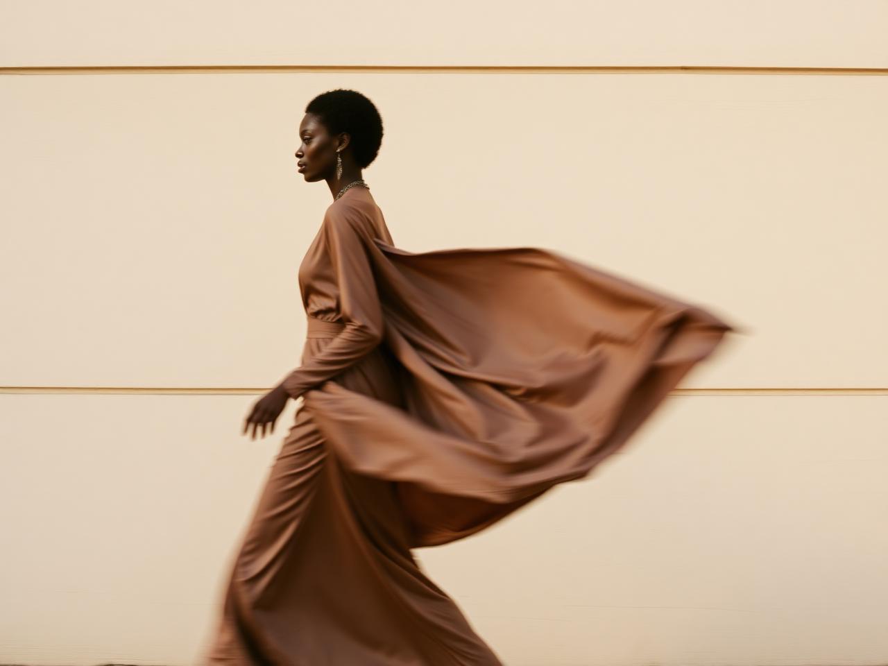 Black woman moving through space in flowing MOKO fabric